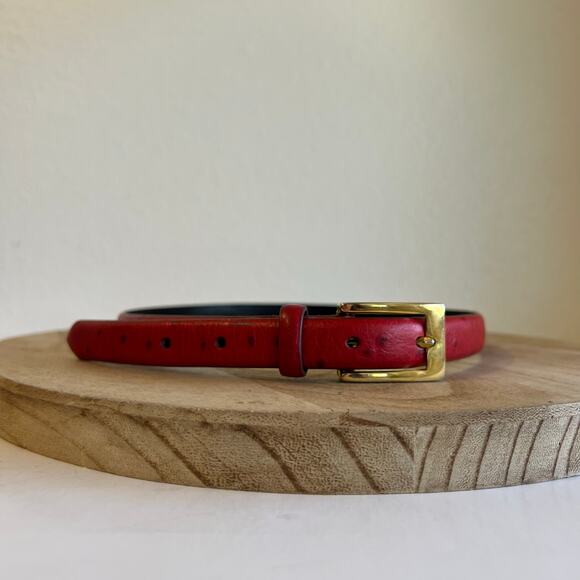 Vintage 90s Red Genuine Italian Leather Thin Skinny Gold Buckle Belt Size Small - Picture 11 of 11